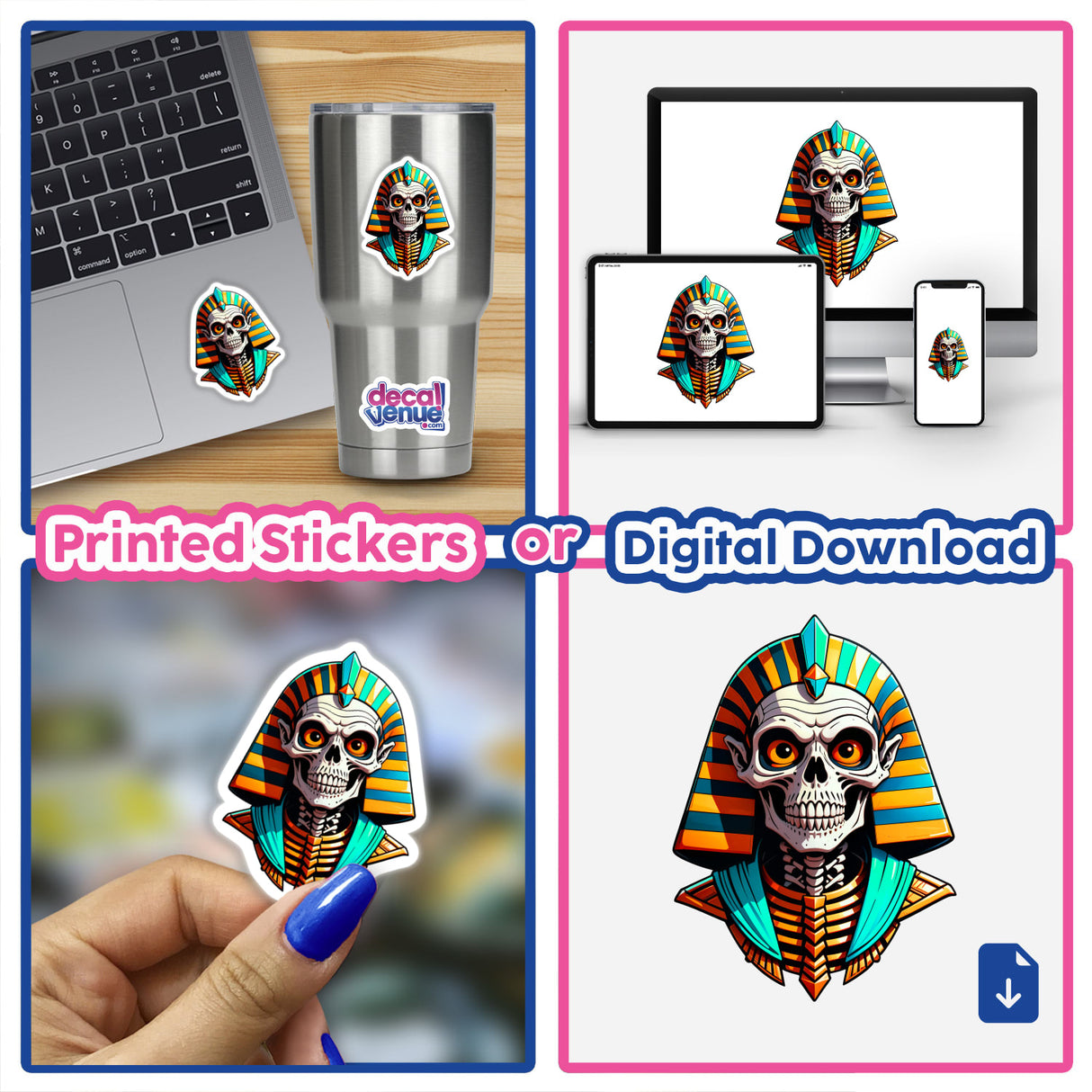 Collage featuring A Cool Egyptian Pharaoh Skull sticker, depicting a cartoon skeleton in Egyptian garments, available as unique stickers or digital artwork from Decal Venue.
