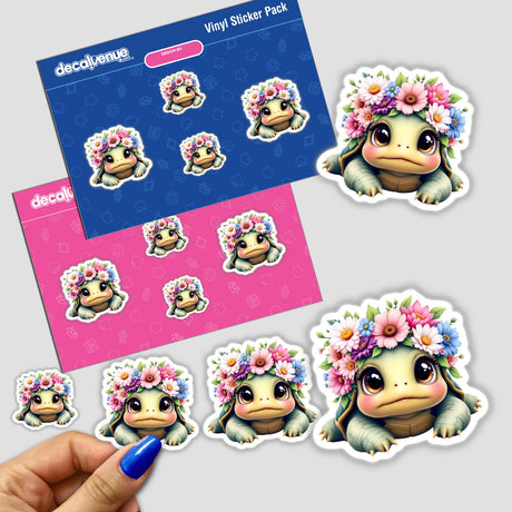 Adorable Turtle with a Spring Flower Crown sticker pack, featuring cartoon turtles adorned with vibrant flower crowns, ideal for decorating notebooks or digital devices. Perfect for fans of whimsical art.