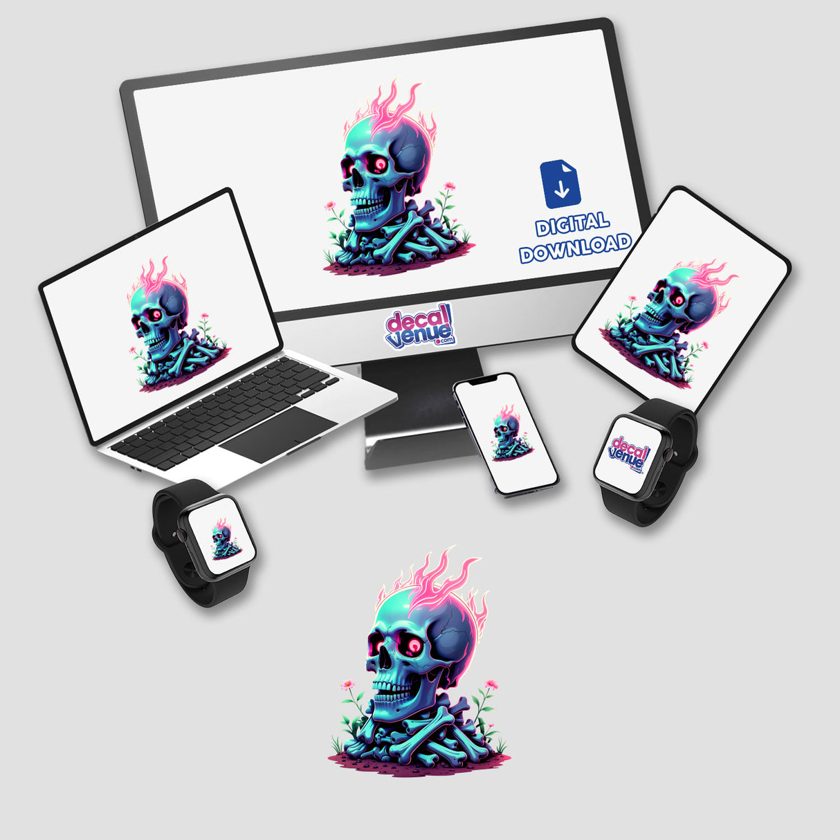 Skull And Bones On Fire digital artwork; features a skull with pink flames on computer monitors, laptops, and watches. Available as stickers or digital art from Decal Venue.