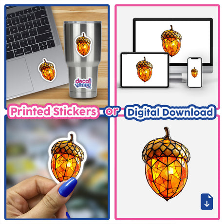 Collage featuring Acorn Stained Glass Art, showing a close-up of a glass acorn with a light inside, alongside a laptop with a sticker. Available as stickers or digital artwork.