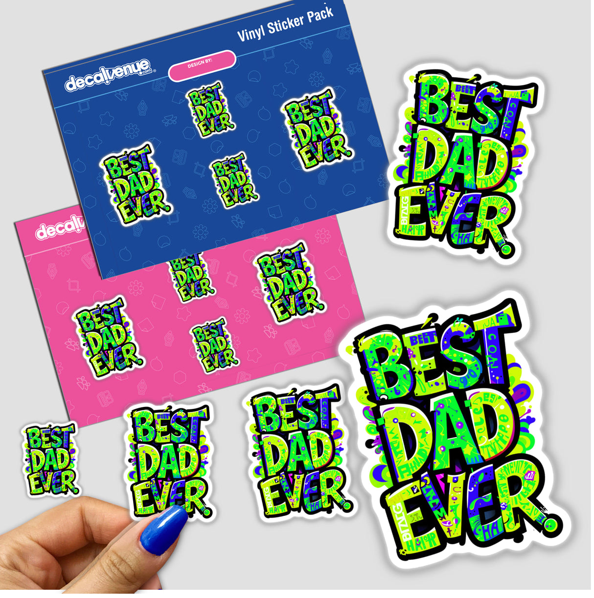 Best Dad Ever sticker with vibrant text, held by a hand with blue nail art, showcasing Decal Venue's unique vinyl sticker collection.