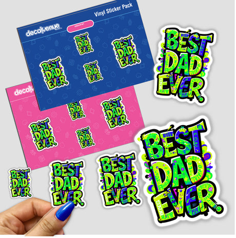 Best Dad Ever sticker with vibrant text, held by a hand with blue nail art, showcasing Decal Venue's unique vinyl sticker collection.