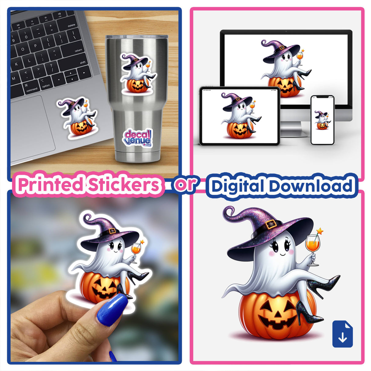 Sassy Halloween Ghost Witch w/ Wine Glass displayed as stickers or digital artwork, featuring a cartoon ghost on a pumpkin in various settings, including laptops and cups.