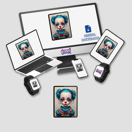 Blue Sweet Clown sticker: a doll-faced clown with blue hair, teal eyes, and red makeup, styled in vintage ruffles, embodying dark whimsy and high-fashion circus aesthetics.