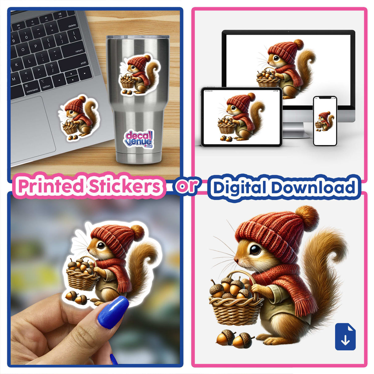 Squirrel Gnome with Acorn Basket in whimsical design, perfect for DIY crafts or holiday projects. Available as stickers or digital download.