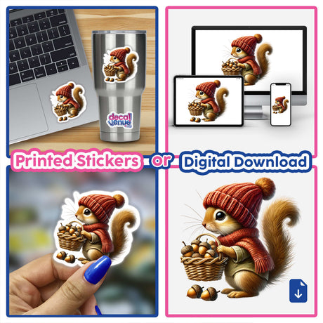 Squirrel Gnome with Acorn Basket in whimsical design, perfect for DIY crafts or holiday projects. Available as stickers or digital download.