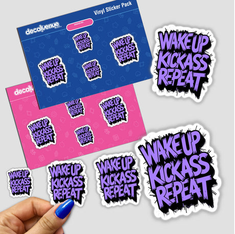 Wake Up Kick Ass Repeat Funny Quote sticker, featuring bold text design, showcased on a surface with additional stickers, highlighting its unique and motivational theme from Decal Venue.