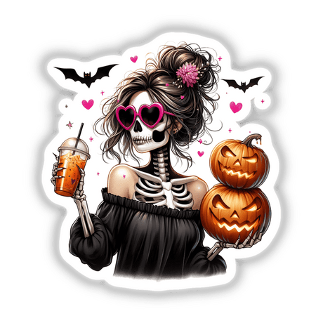 Spooky Halloween skeleton woman with floral hair, heart-shaped sunglasses, and pumpkins, available as stickers or digital download format