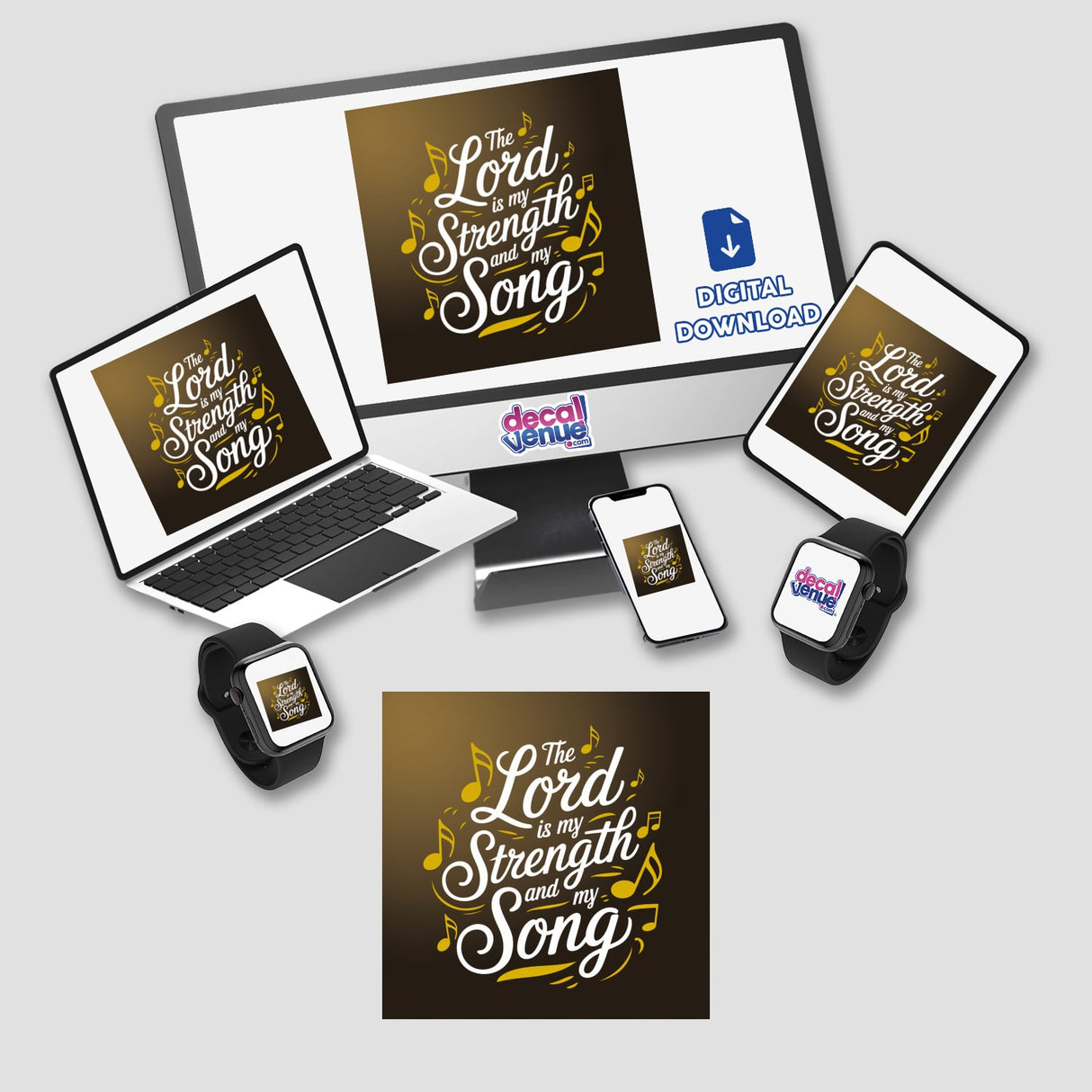 The Lord is My Strength and My Song Sticker & Clipart featuring Exodus 15:2, displayed on a computer monitor, laptop, and phone, highlighting its adaptability as both sticker and digital artwork.
