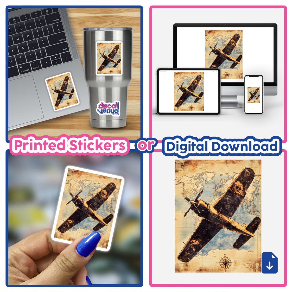 Collage featuring Vintage Airplane on Antique Map with close-ups of a hand-painted fingernail, a silver mug, and a laptop displaying an airplane image. Available as stickers or digital artwork.