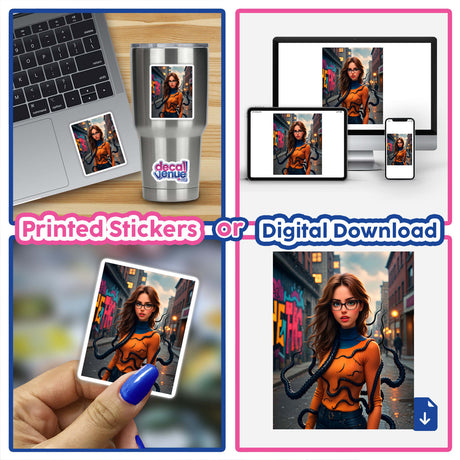 Collage featuring A Scary Symbiote Mutant Girl as digital artwork, showcasing a woman intertwined with octopus tentacles and a black snake, highlighting unique vinyl sticker options from Decal Venue.