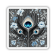 Chinoiserie Peacock Feather: A detailed close-up of a peacock feather intertwined with delicate flowers, available as unique stickers or digital artwork from Decal Venue.