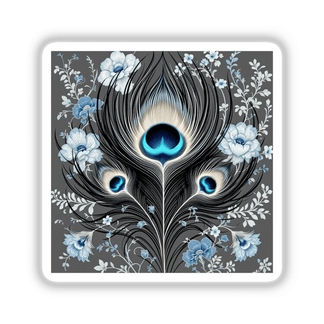 Chinoiserie Peacock Feather: A detailed close-up of a peacock feather intertwined with delicate flowers, available as unique stickers or digital artwork from Decal Venue.