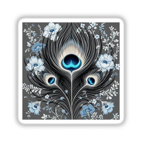 Chinoiserie Peacock Feather: A detailed close-up of a peacock feather intertwined with delicate flowers, available as unique stickers or digital artwork from Decal Venue.