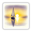 Serene Sailboat at Sunrise - Minimalist Boho Watercolor depicts a graceful sailboat on calm waters with a prominent mast, available as stickers or digital artwork.