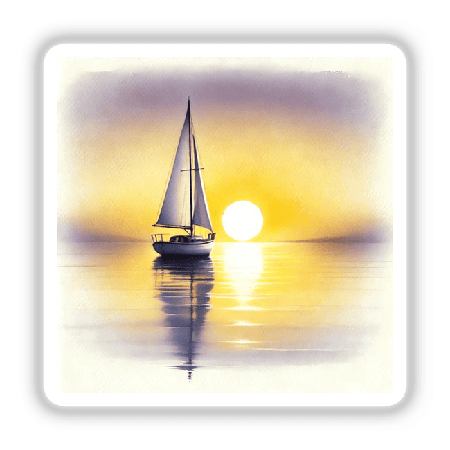 Serene Sailboat at Sunrise - Minimalist Boho Watercolor depicts a graceful sailboat on calm waters with a prominent mast, available as stickers or digital artwork.