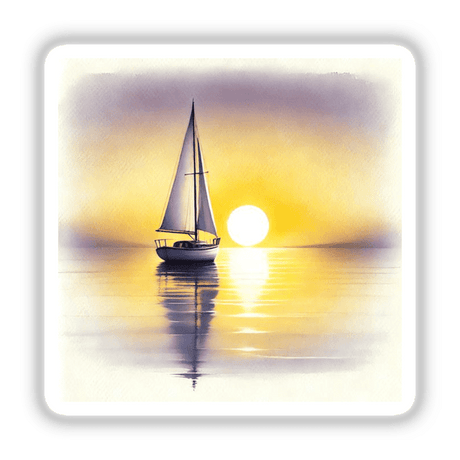 Serene Sailboat at Sunrise - Minimalist Boho Watercolor depicts a graceful sailboat on calm waters with a prominent mast, available as stickers or digital artwork.