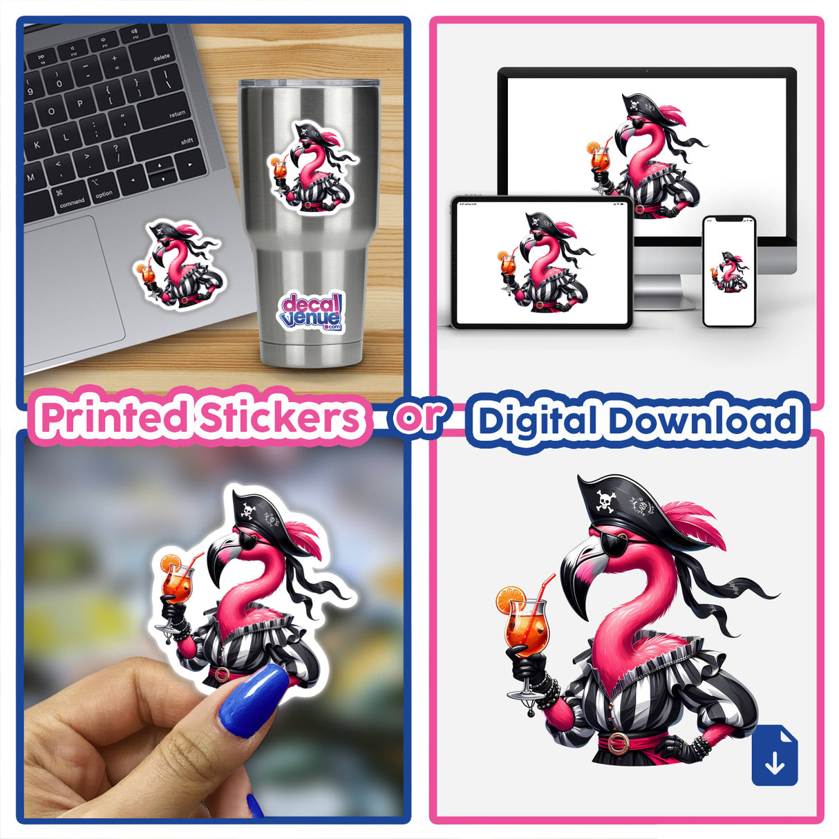 Flamingo pirate digital artwork available as stickers or digital downloads, featuring a vibrant and whimsical design of a flamingo in a pirate outfit, displayed on various devices and product mockups.