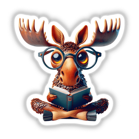 Cartoon moose with reading glasses engrossed in a book, featured as Moose With Reading Glasses Open Book, available as stickers or digital artwork at Decal Venue.