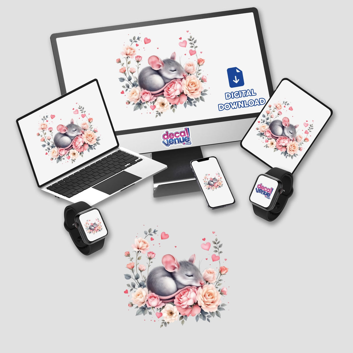 Sleeping Mouse with Roses and Hearts depicted on computer and digital devices, showcasing a cute mouse surrounded by flowers and hearts, available as stickers and digital artwork.