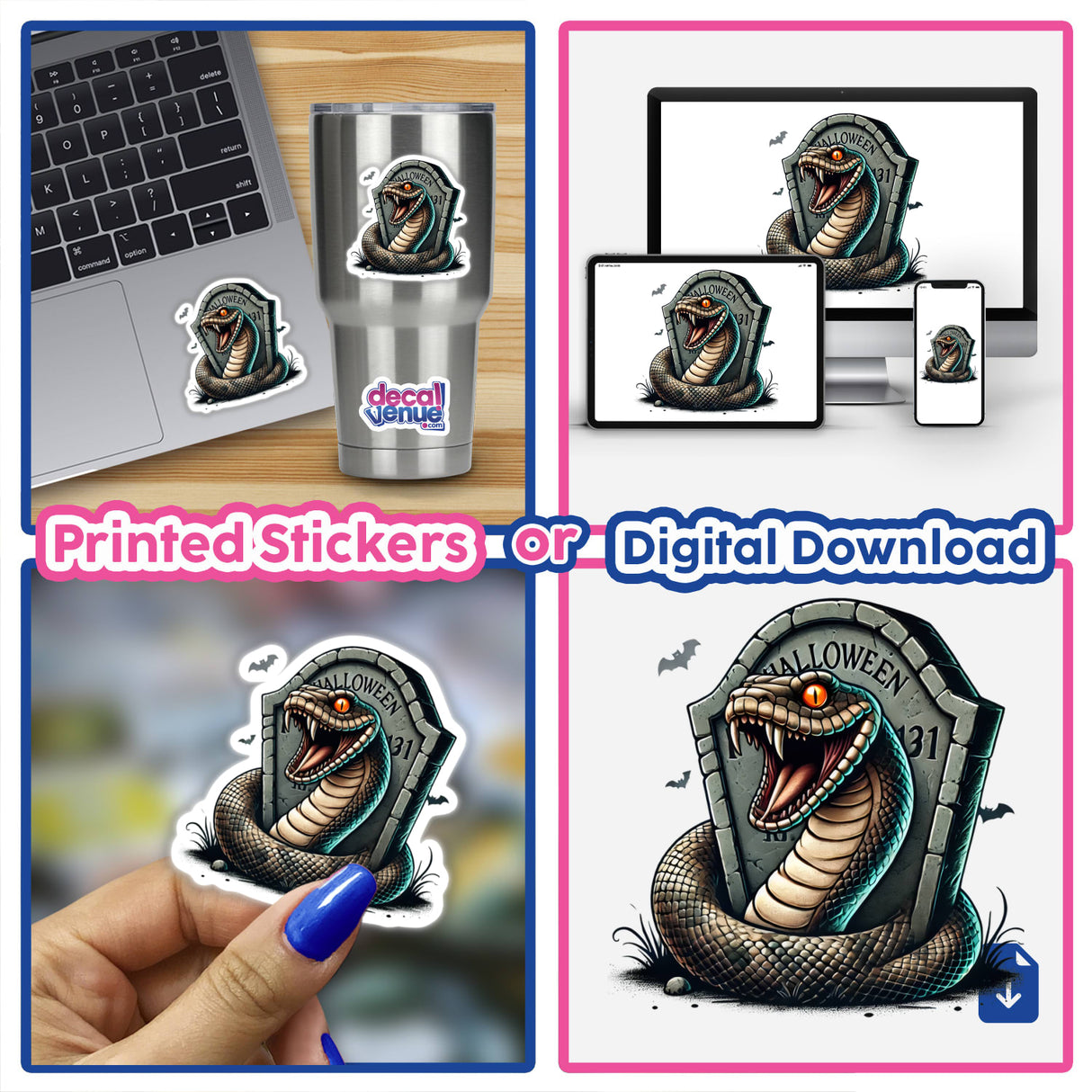 Haunting Halloween anaconda snake peeking out of tombstone - digital art available as stickers or downloads from DecalVenue, showcasing the spooky design across various product mockups.