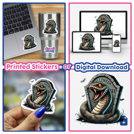 Haunting Halloween anaconda snake peeking out of tombstone - digital art available as stickers or downloads from DecalVenue, showcasing the spooky design across various product mockups.