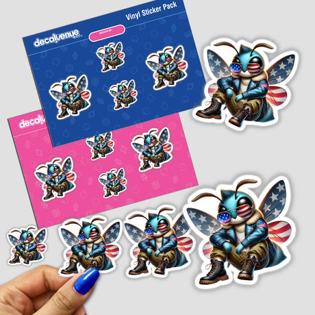 Patriotic Leather Moth Aviator Sunglasses sticker featuring a cartoon bee in sunglasses and a jacket, part of Decal Venue's unique sticker collection. Available as stickers or digital artwork.