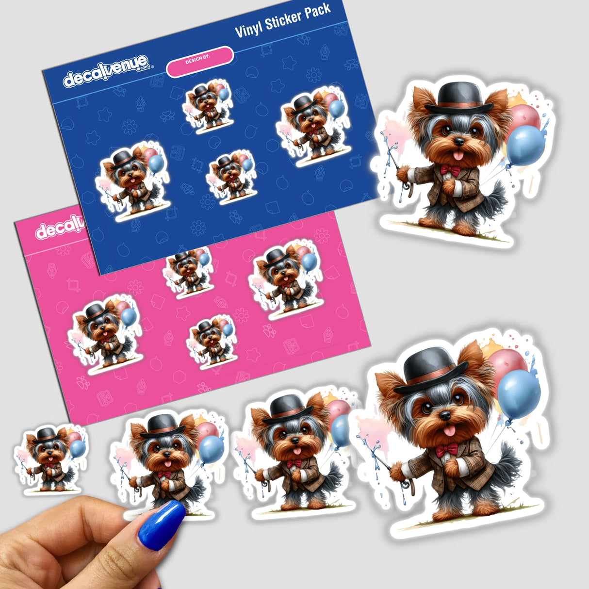 Adorable Yorkie the Entertainer dog digital artwork displayed on colorful vinyl sticker pack by Decal Venue - a store offering unique stickers and digital art created by talented designers.