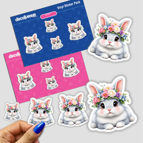 Adorable Rabbit with a Spring Flower Crown sticker held in hand, showcasing a charming cartoon bunny adorned with flowers—ideal for adding a whimsical touch to your space.