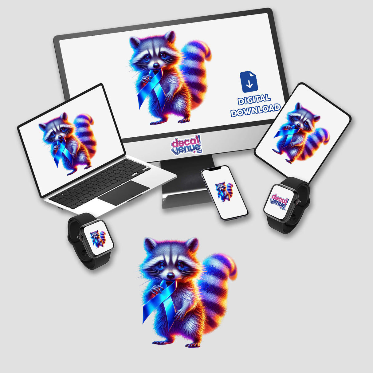 Raccoon Blue Ribbon Colon Cancer Awareness design displayed on a monitor and laptop, featuring raccoons holding blue ribbons. Available as stickers or digital artwork from Decal Venue.