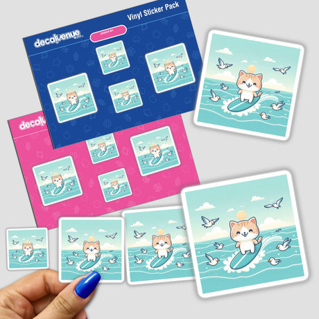Cute surfer cat digital artwork stickers featuring a playful feline riding a surfboard against a backdrop of ocean waves and butterflies. The stickers are displayed on a colorful product packaging from the Decal Venue store, showcasing the artistic design and vibrant imagery.