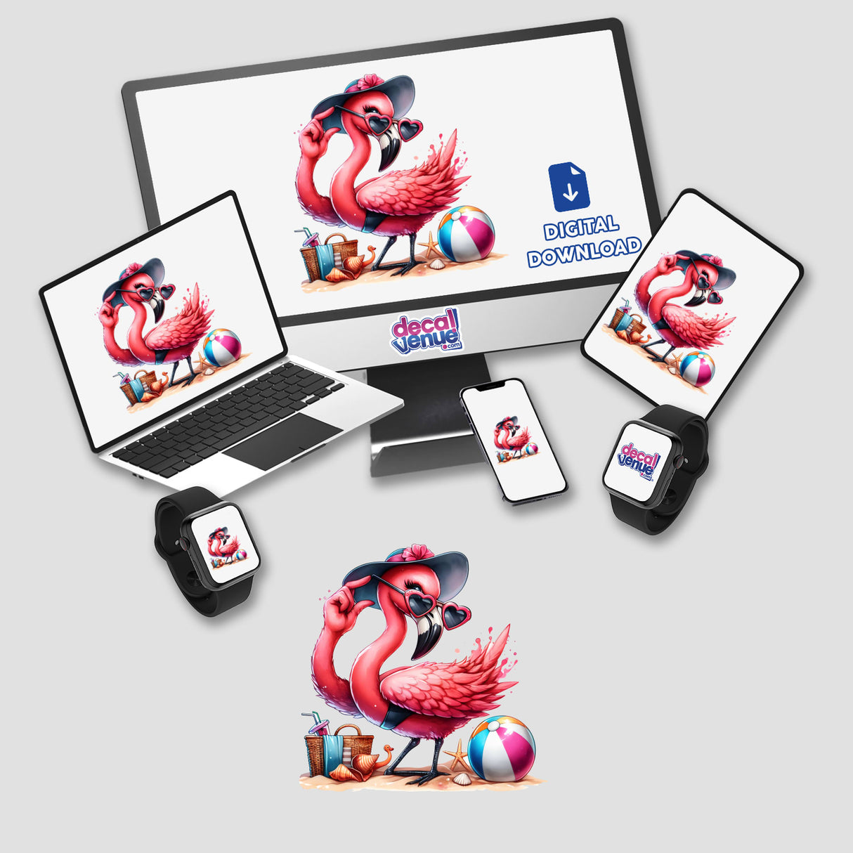 Vibrant digital artwork of a red flamingo posing on the beach, surrounded by beach accessories and toys. The image is displayed across various digital devices such as laptop, smartphone, and smartwatch, showcasing the versatility of this playful design from Decal Venue.
