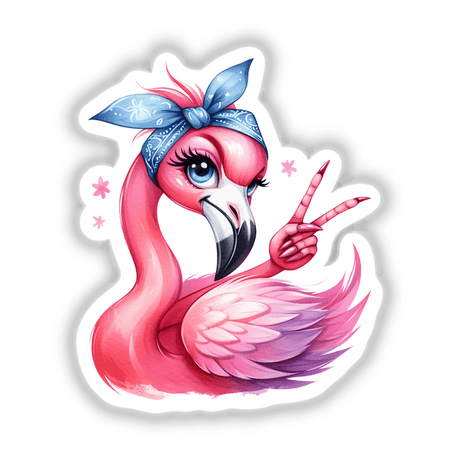 Peace Out Flamingo Bird illustration features a cartoon flamingo wearing a bandana. Available as stickers or digital artwork from Decal Venue, highlighting unique vinyl designs and artistic flair.
