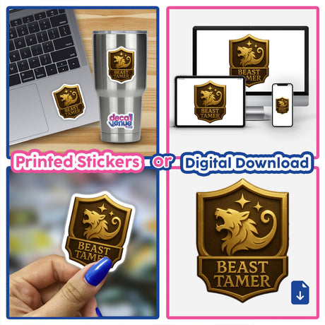 Beast Tamer – RPG-Style Skill Badge (Gold Enchanted Crest) featuring intricate design, available as stickers or digital artwork, exemplifying Decal Venue's unique vinyl stickers and digital art collection.
