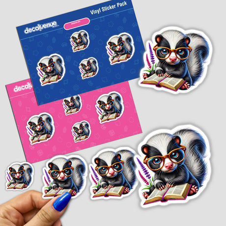 Colorful vinyl stickers featuring a playful skunk character wearing glasses and reading a book, available as a digital download from Decal Venue, an online store that offers unique stickers and digital art created by talented designers.