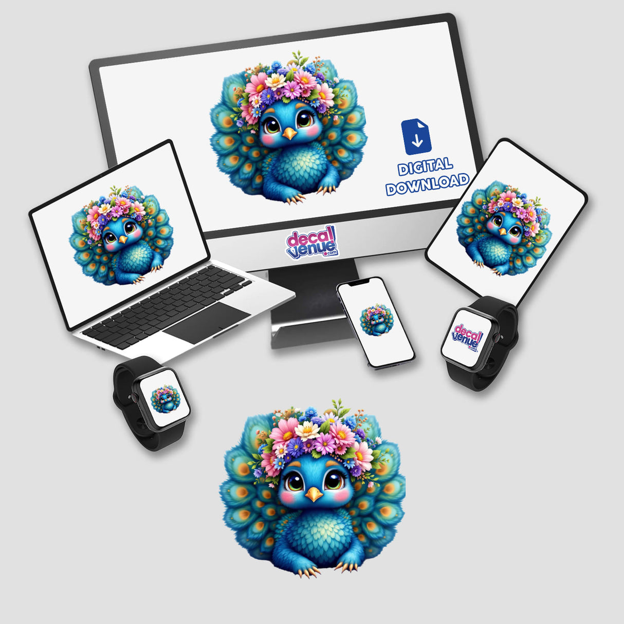 Vibrant Peacock with a Spring Flower Crown displayed on a computer monitor, laptop, and smartwatch, showcasing its intricate design as a versatile sticker and digital artwork for creative projects.