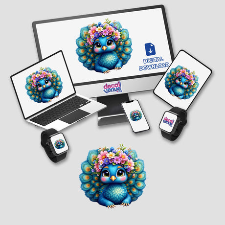 Vibrant Peacock with a Spring Flower Crown displayed on a computer monitor, laptop, and smartwatch, showcasing its intricate design as a versatile sticker and digital artwork for creative projects.