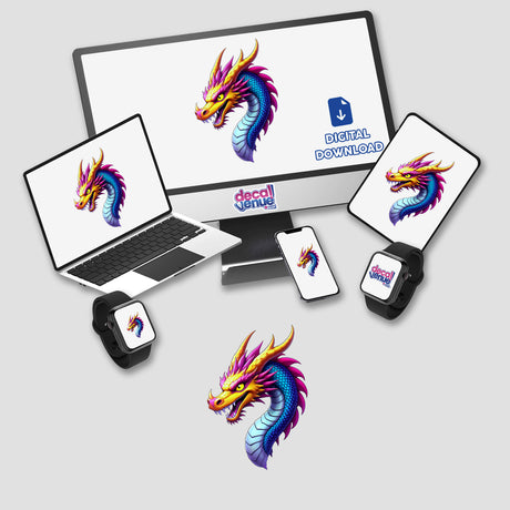A Cool Fantasy Dragon displayed on a computer monitor and laptop, featured as unique vinyl stickers or digital artwork, capturing the essence of mythical charm available at Decal Venue.