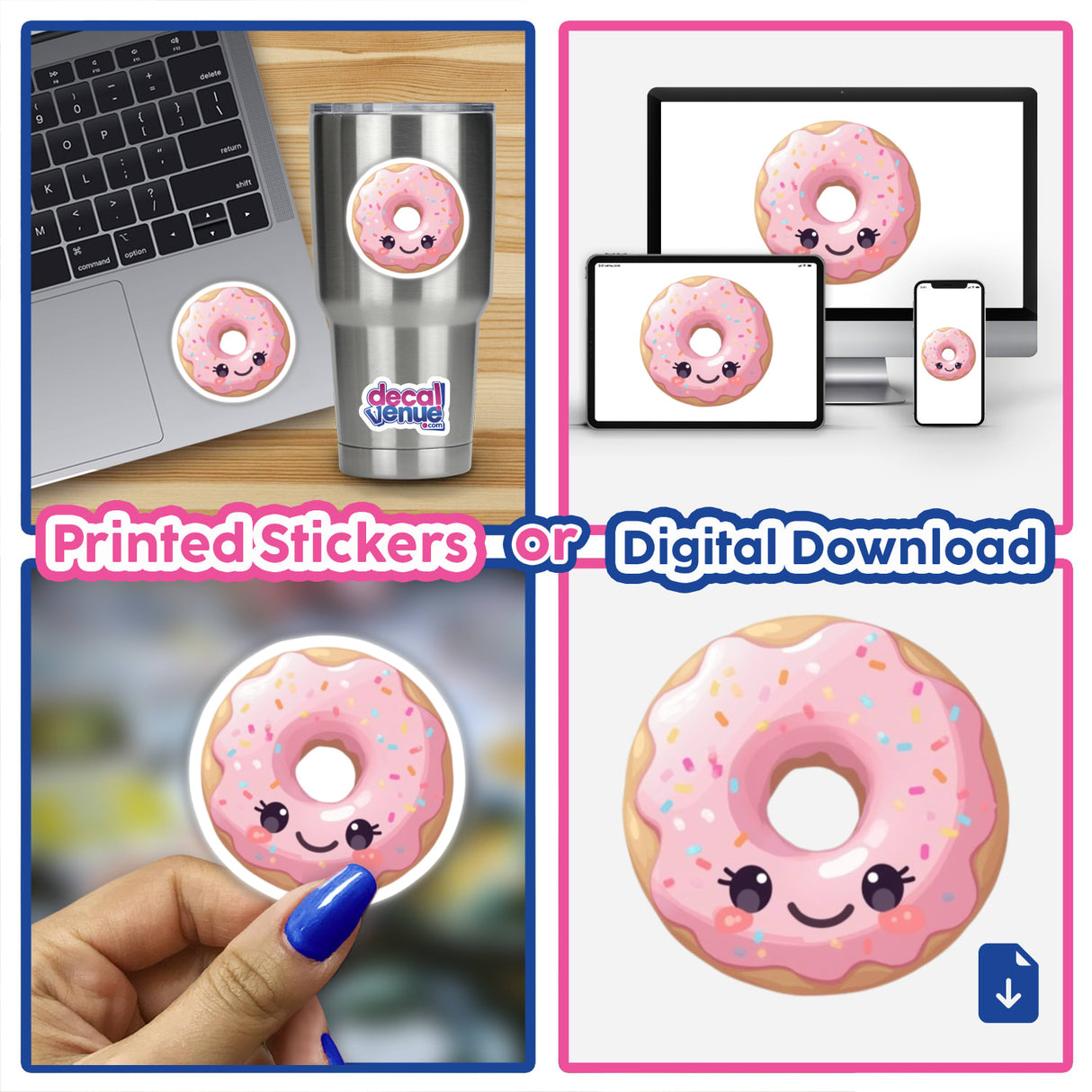 Kawaii Donut Sticker featuring a cute donut with pink frosting, perfect for National Donut Day. Available as a decal or food clipart with commercial rights.