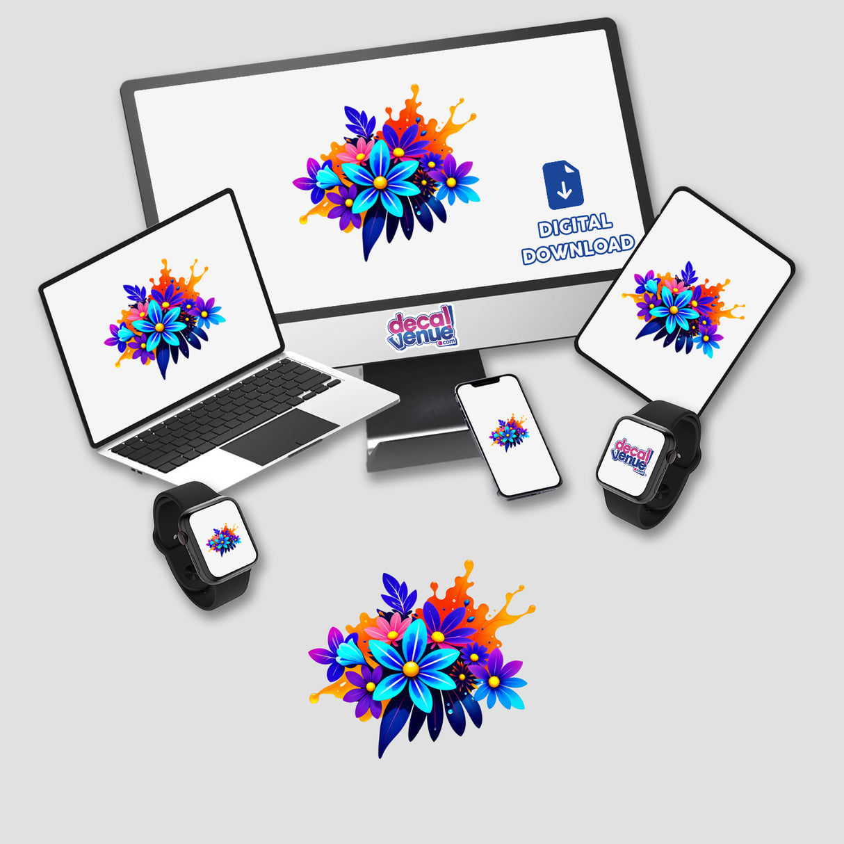 Colorful Spring Flowers design displayed on a computer monitor and laptop screen, available as stickers or digital artwork, showcasing Decal Venue's unique vinyl sticker and digital art offerings.
