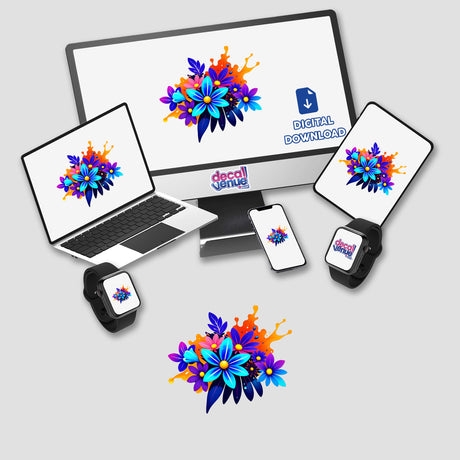 Colorful Spring Flowers design displayed on a computer monitor and laptop screen, available as stickers or digital artwork, showcasing Decal Venue's unique vinyl sticker and digital art offerings.