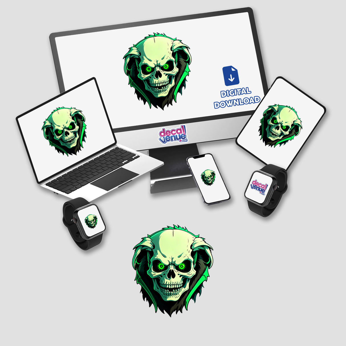 Hybrid Human Dog Skull displayed on a computer monitor and laptop screens, featured as stickers or digital artwork.
