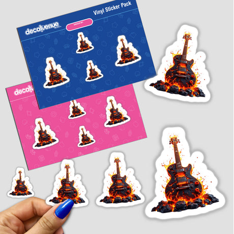 Molten Lava Guitar sticker pack showcased in hand, featuring fiery guitar designs, embodying DecalVenue's unique style for music lovers. Perfect for adding a rock and roll flair to your collection.