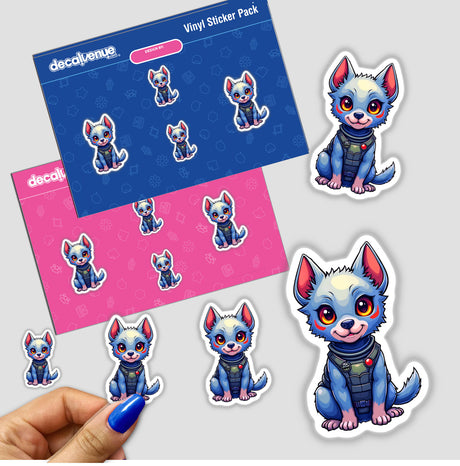 a hand holding a sticker of a small dog