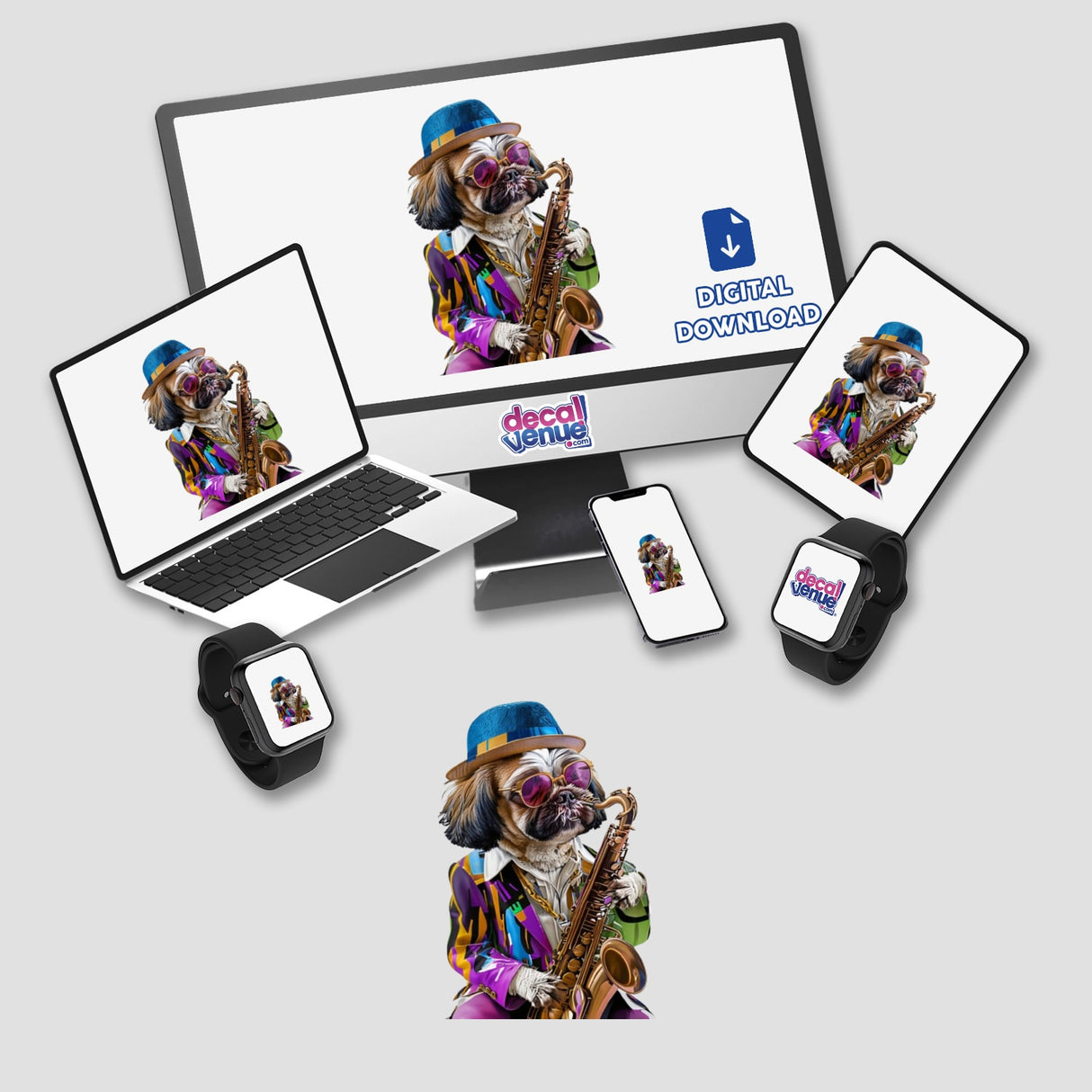 Hipster Shih Tzu dog wearing hat and sunglasses, playing saxophone, featured in vibrant digital artwork perfect for stickers and commercial use.