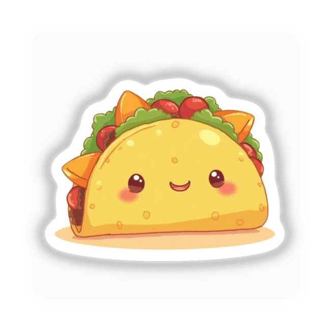 Kawaii Taco Sticker featuring a cute taco with toppings, perfect for National Taco Day. Available as decals or food clipart with commercial rights, ideal for unique stickers and digital art enthusiasts.