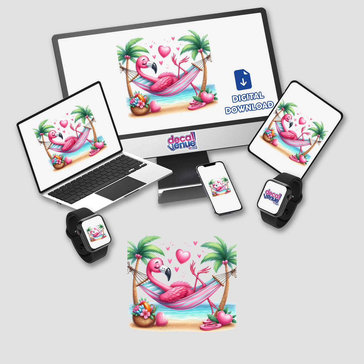 Serene flamingo relaxing in hammock surrounded by palm trees and tropical flowers