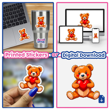 Cute Valentine's Day Teddy Bear collage featuring stickers and digital artwork, including a cartoon teddy bear holding a heart, ideal for laptops and cups, available at Decal Venue.