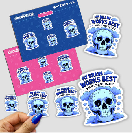 My Brain Works Best When It's Half Asleep Funny Quote sticker featuring a cartoon skull with clouds and text, capturing a whimsical design element common in Decal Venue's unique vinyl stickers and digital art.