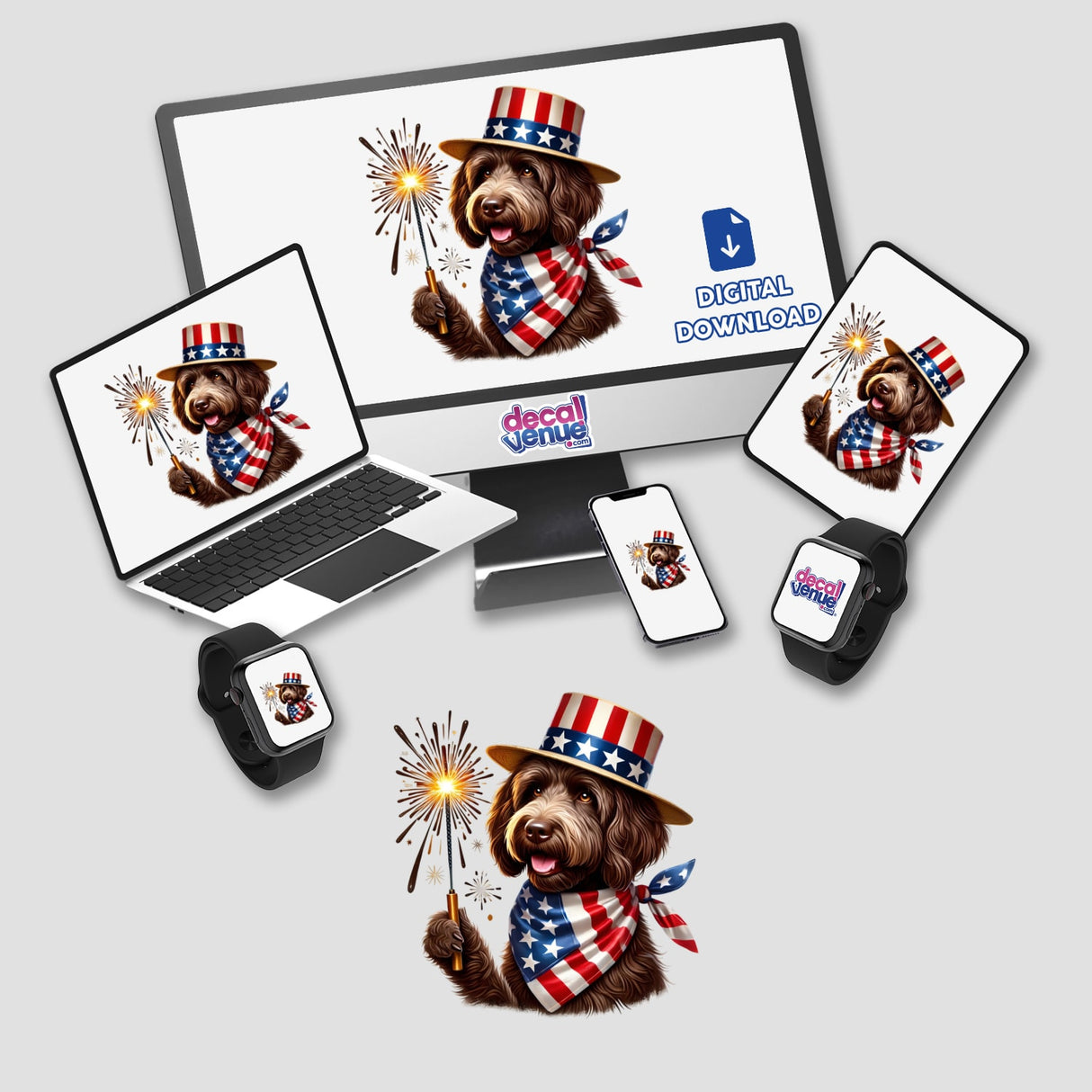 Chocolate Goldendoodle dog wearing patriotic hat and holding sparkler in digital artwork created by DecalVenue
